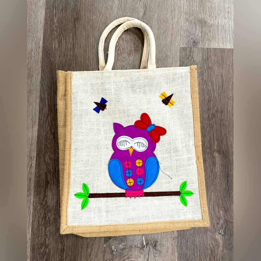 NEW Jute tote bag with Owl embroidery.